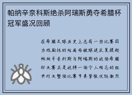 帕纳辛奈科斯绝杀阿瑞斯勇夺希腊杯冠军盛况回顾